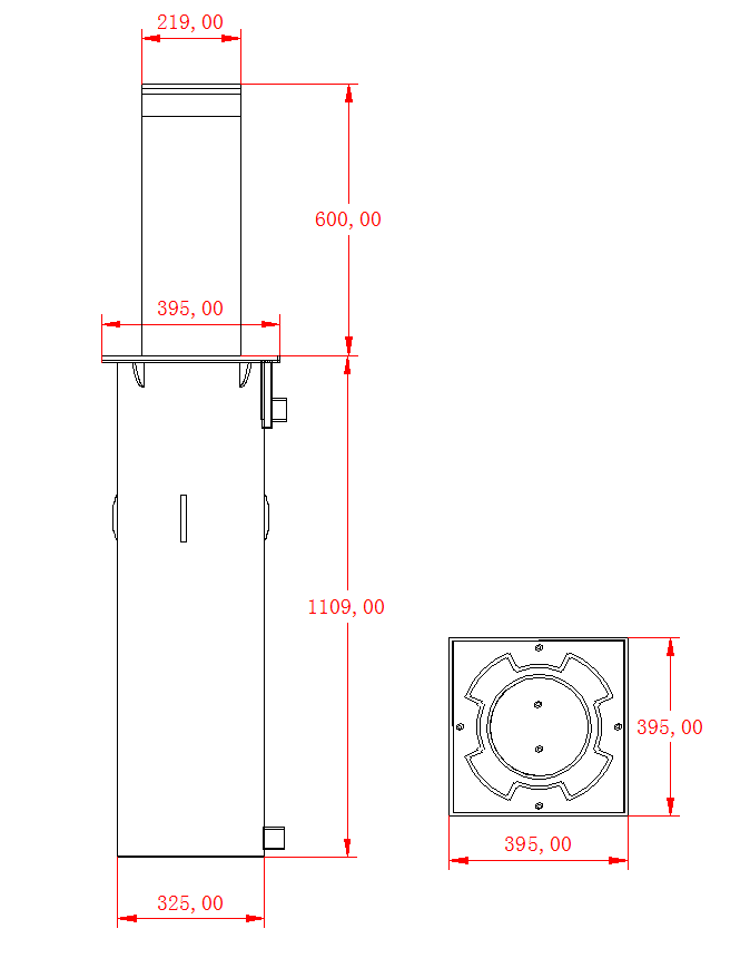 Dimensional drawing of square 219mm diameter lifting column