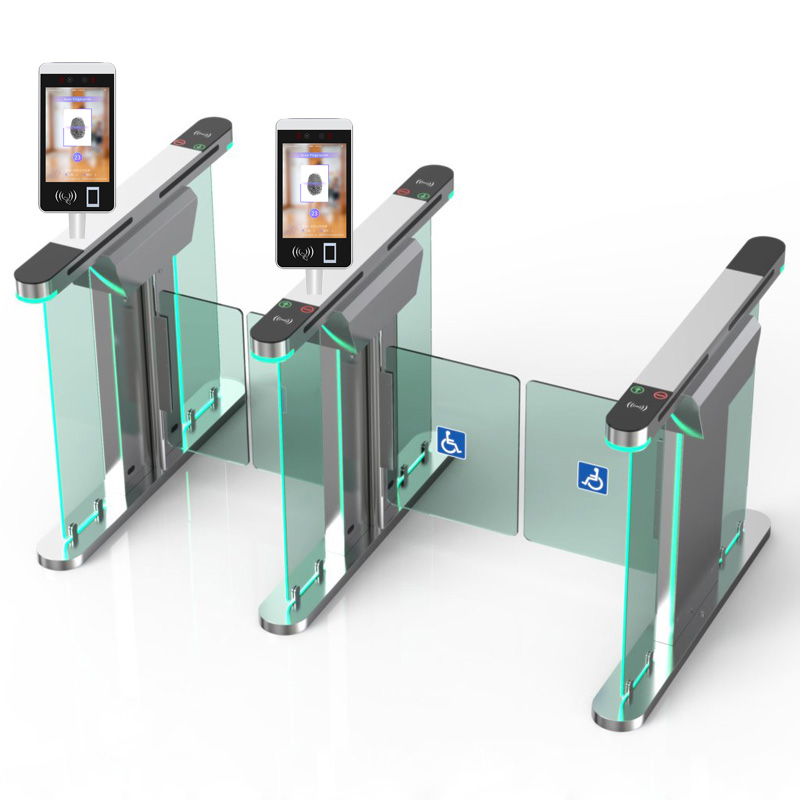 Elegant Modern Brushed Stainless Steel Optical Swing Turnstile Made of Tempered Glass Equipped with LED Diodes